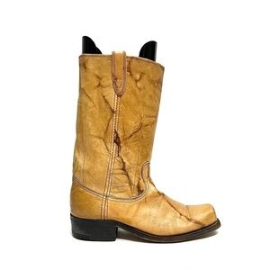 Vintage 1970s men’s tan marbled leather square toe western roper boots